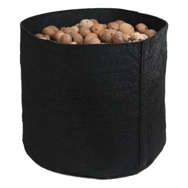 Black fabric container filled with clay balls.