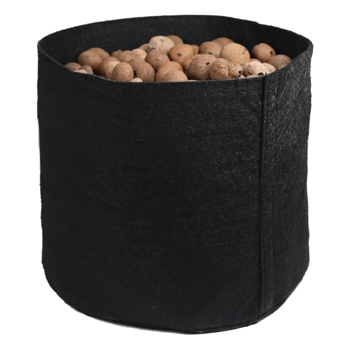 Black felt container filled with clay balls.