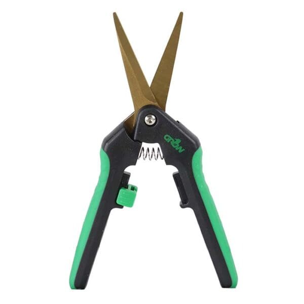 Garden scissors with green rubber handles.