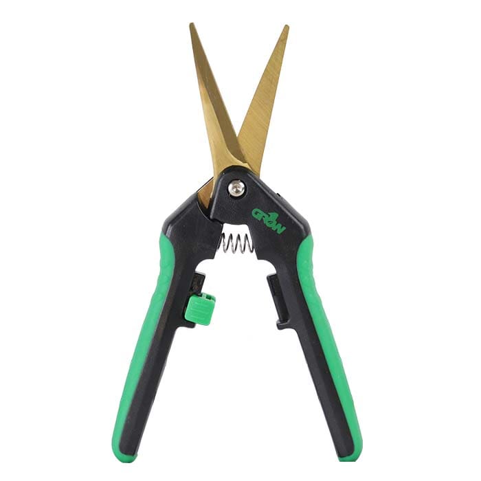 Garden scissors with green handles and metal blades.