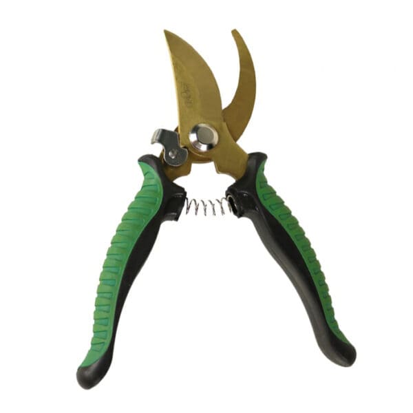 Garden pruning shears with green handles.