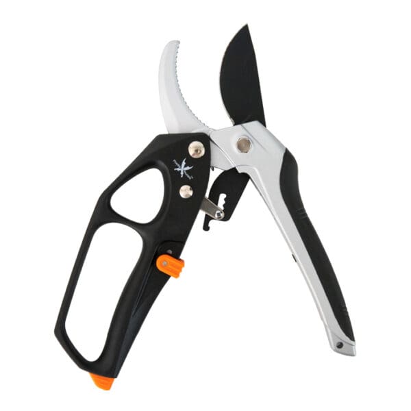 Garden pruning shears with ergonomic handle.