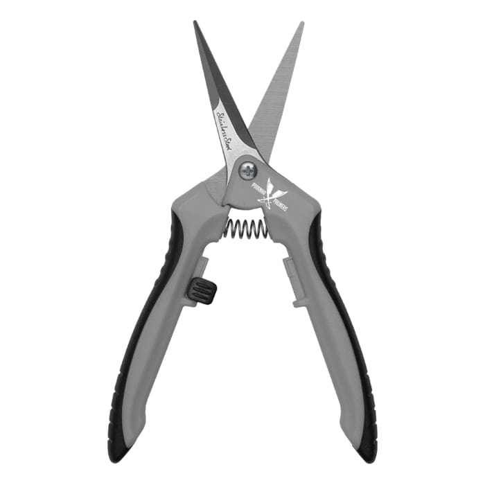 Gray scissors with ergonomic handle design.