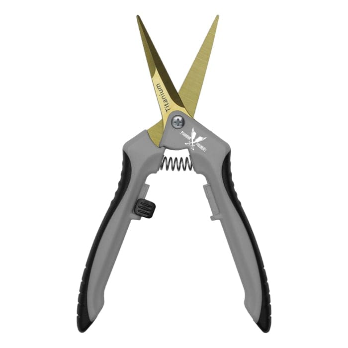 Titanium scissors with ergonomic gray handles.