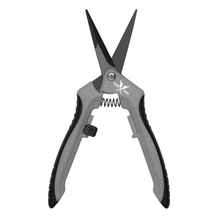 Gray and black scissors with spring mechanism.