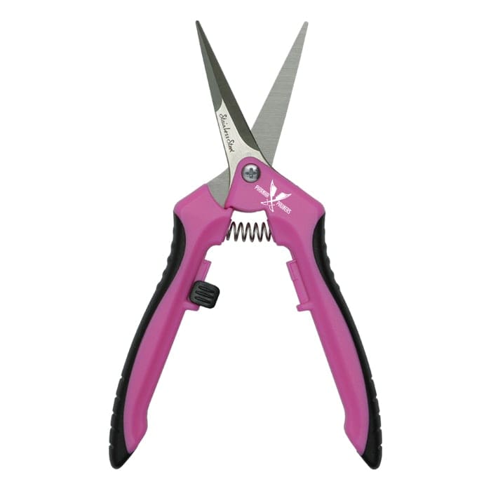 Pink scissors with black grip handles.