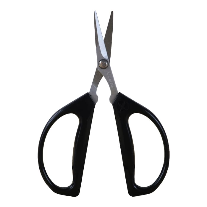 Black-handled scissors with stainless steel blades.