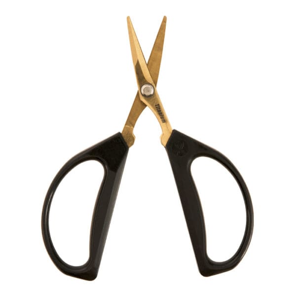 Black-handled scissors with gold blades.