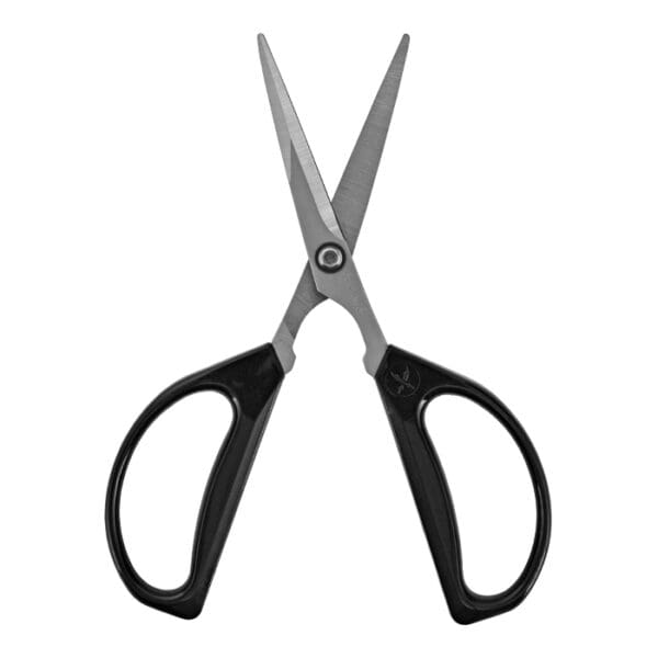 Black-handled scissors with stainless steel blades.