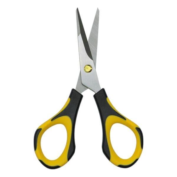 Yellow and black scissors on white background.