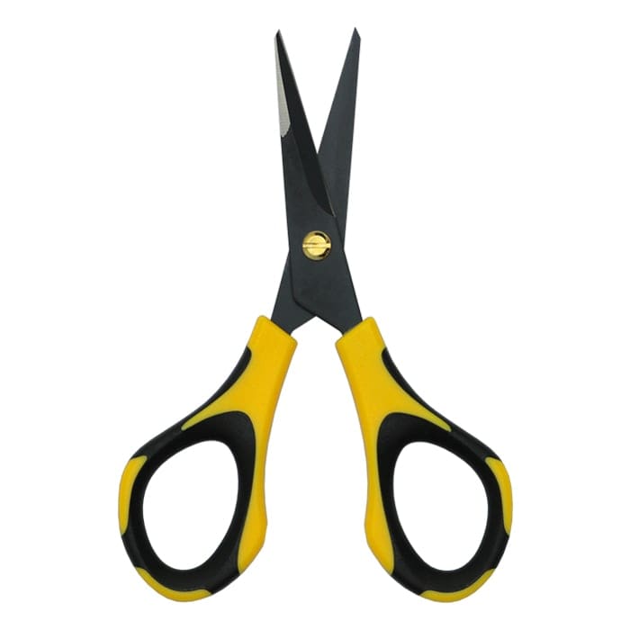 Yellow and black scissors on a white background.