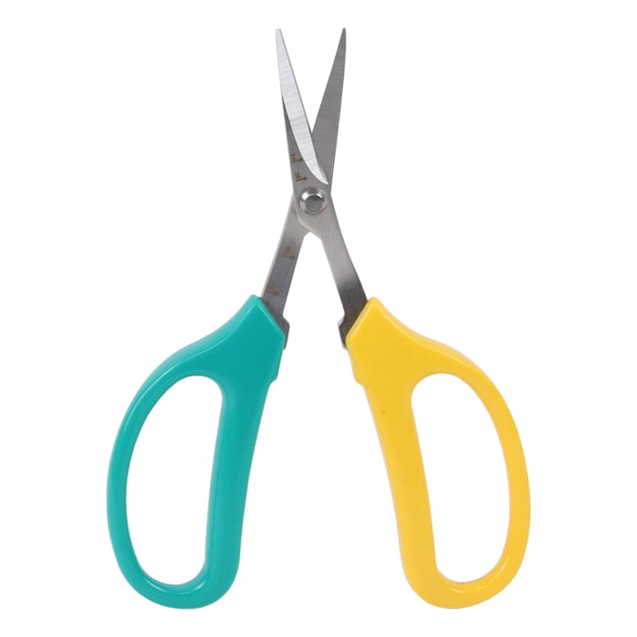 Colorful scissors with blue and yellow handles.