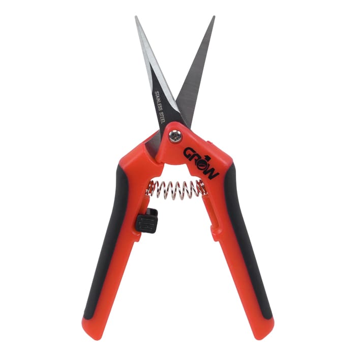 Pruning shears with red handles and springs.