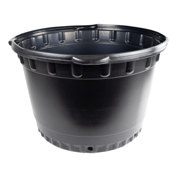 Black round plastic bucket on white background.