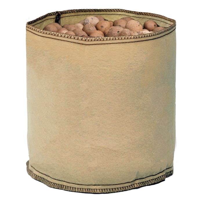 Bag filled with round potatoes.