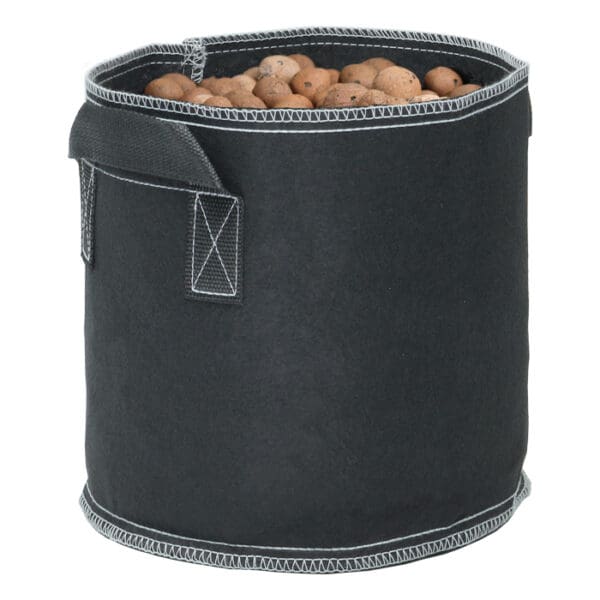 Black fabric container filled with stones.