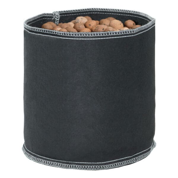 Black fabric container filled with pebbles.