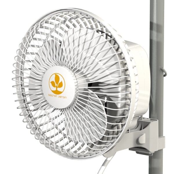 White wall fan on a silver stand.