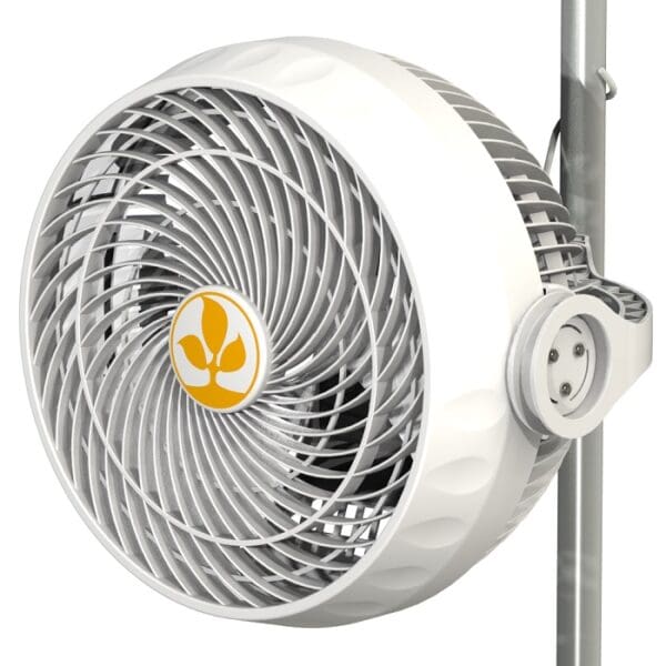 White standing fan with yellow logo.