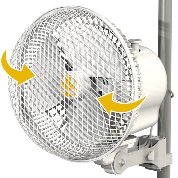 Wall-mounted oscillating fan with protective grille.