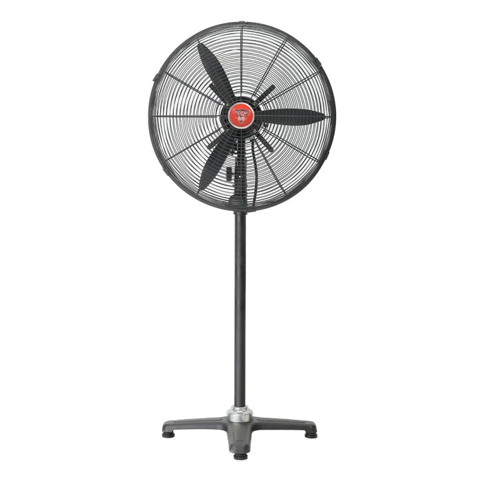 Black standing fan with mesh guard.