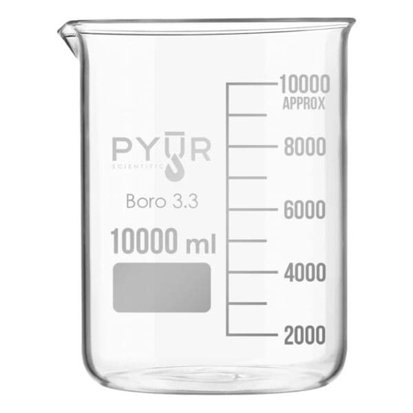 Glass beaker marked for 10000 ml measurement.