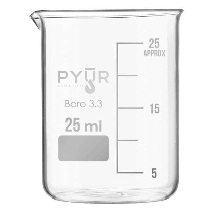 Clear glass beaker with measurement markings.