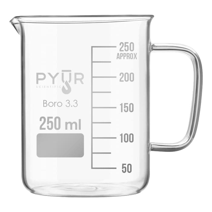 Clear glass beaker marked in milliliters.