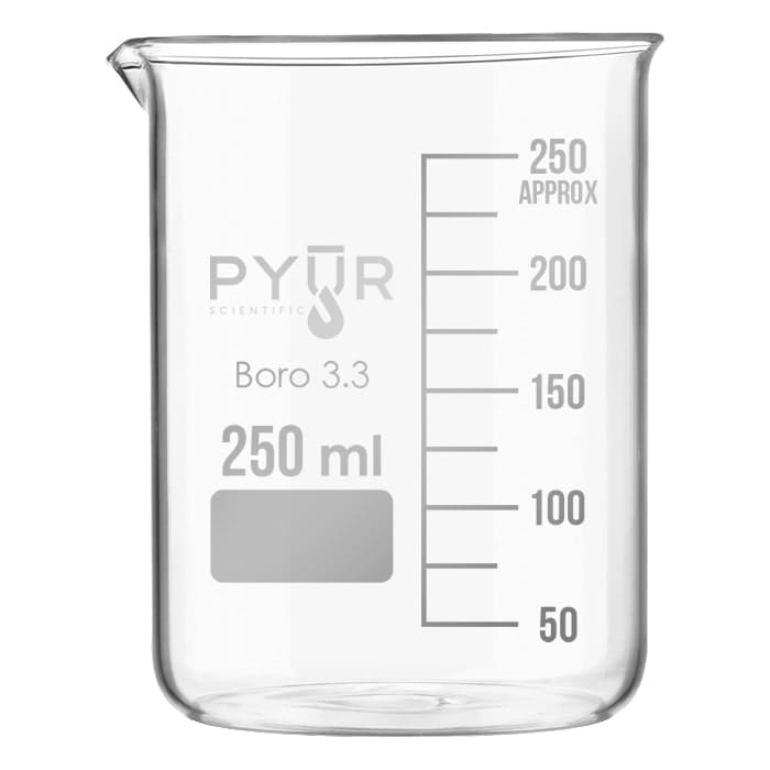 Glass beaker with measurement markings.