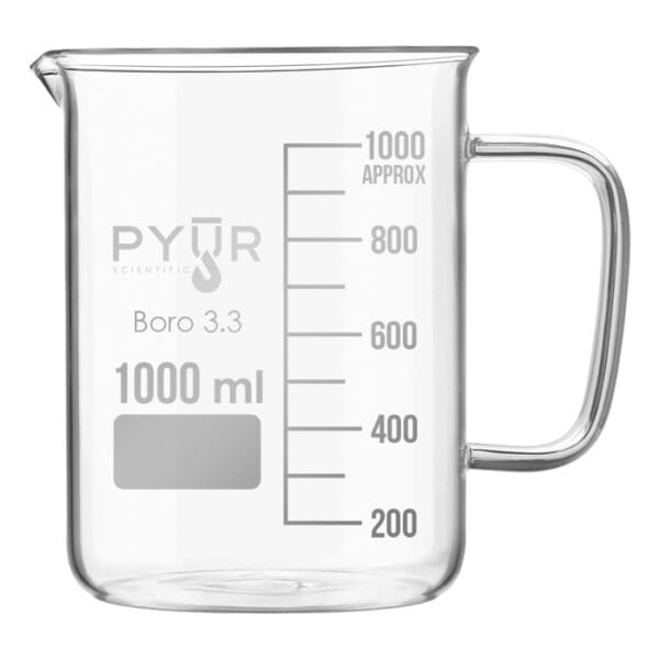 Glass measuring beaker with milliliter markings.