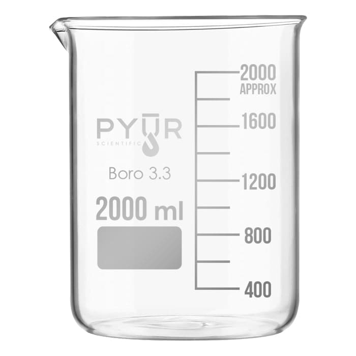 Graduated glass beaker with 2000 ml capacity.