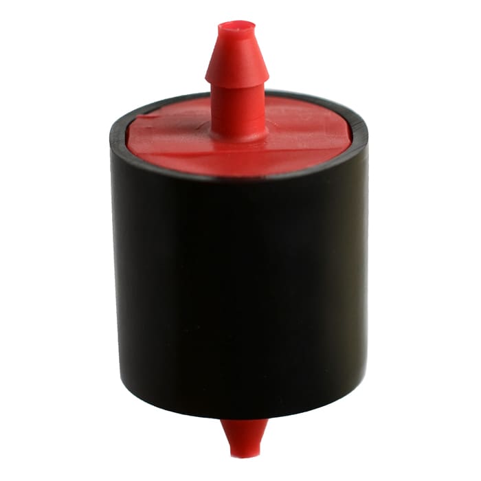 Red and black cylindrical object with two nozzles.