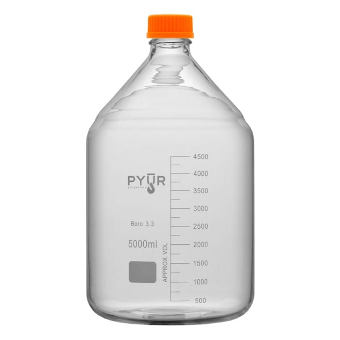 Clear glass reagent bottle with orange cap.