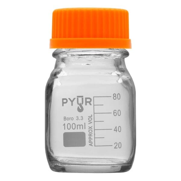 Glass bottle with orange cap, 100 ml.