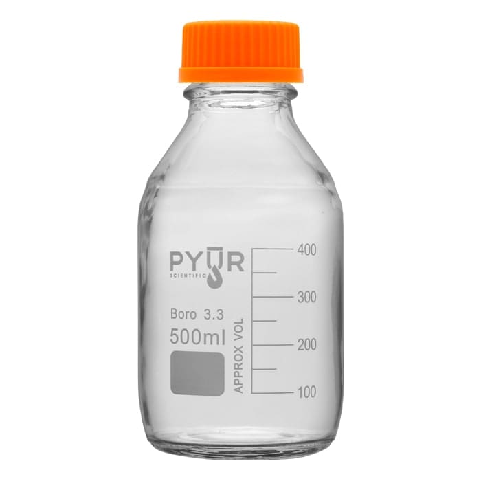 Clear glass bottle with orange cap, 500ml.