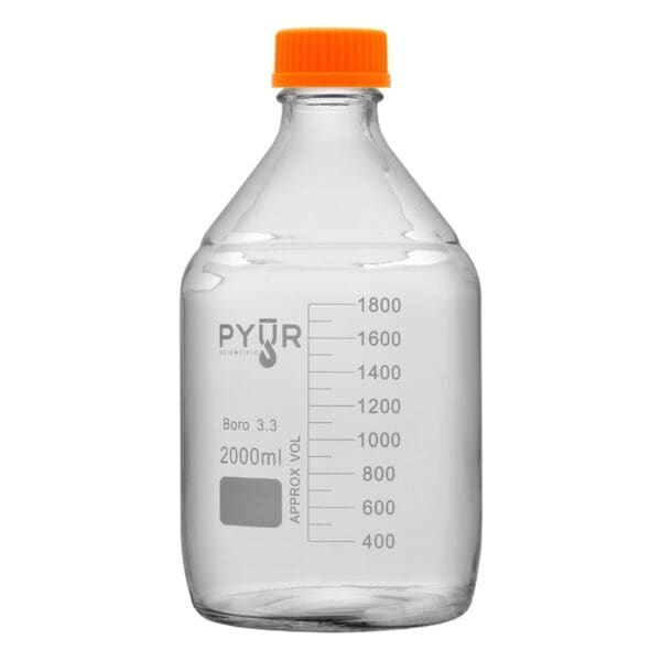 Clear measurement bottle with orange cap.