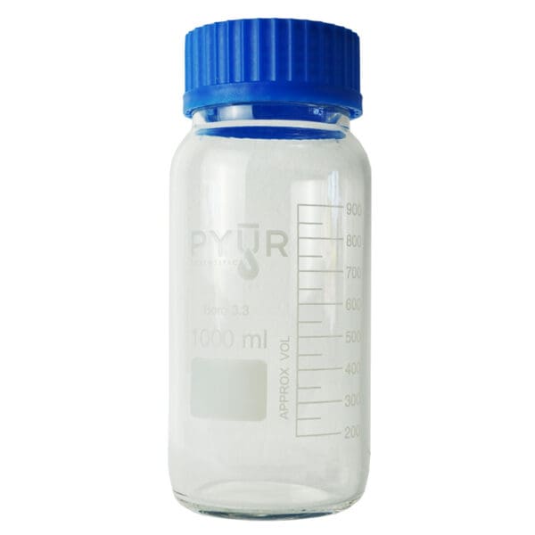 Clear laboratory bottle with blue lid.