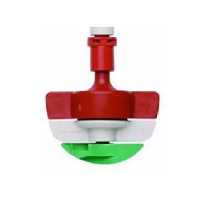 Green and red plastic spinning toy part.