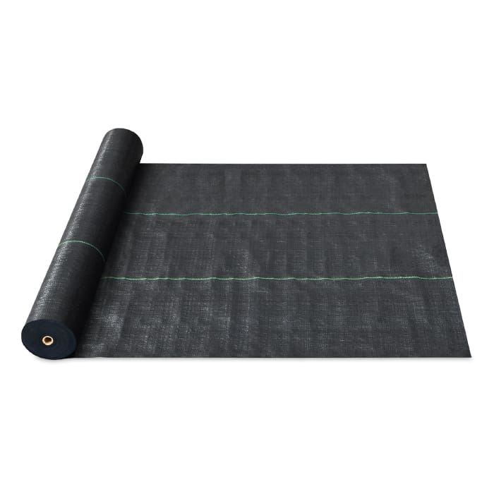 Black landscape fabric roll on white background.