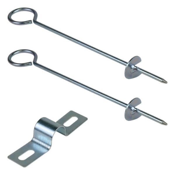 Metal stakes and a fastening bracket set.