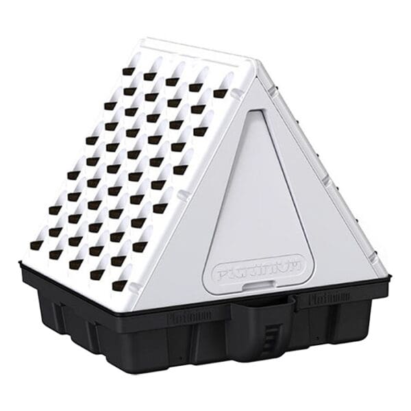 Pyramid-shaped storage container with ventilation holes.