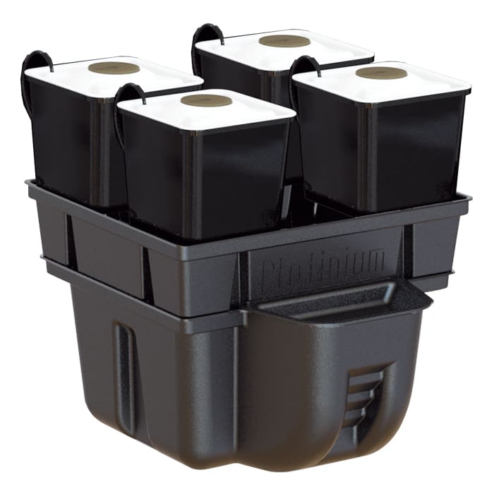 Container with four black storage boxes.