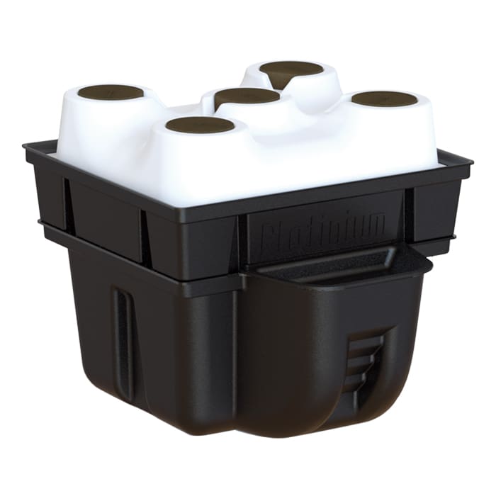 Container with four compartments, black and white.