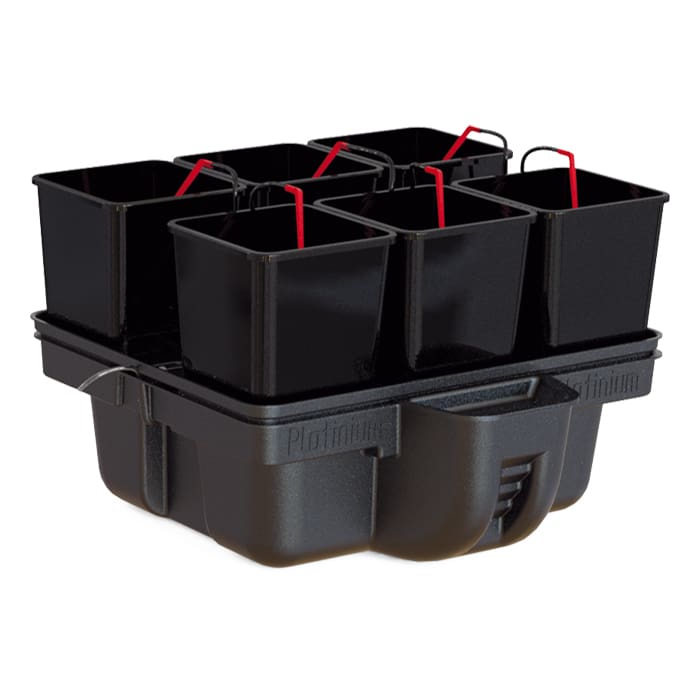 Black planting tray with six containers.