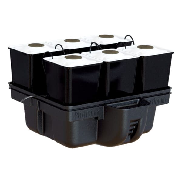 Black plant holder with six containers.