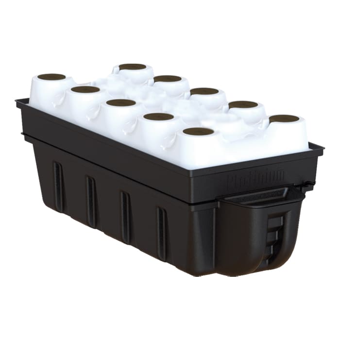 Black storage container with white cups on top.