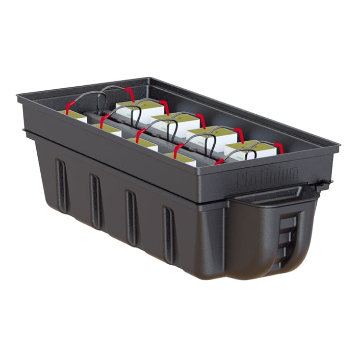 Black storage container with multiple compartments.