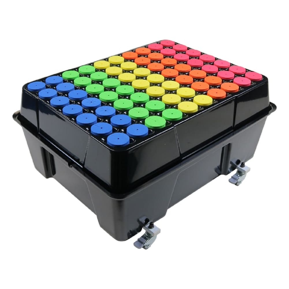 Colorful storage box with multiple compartments.