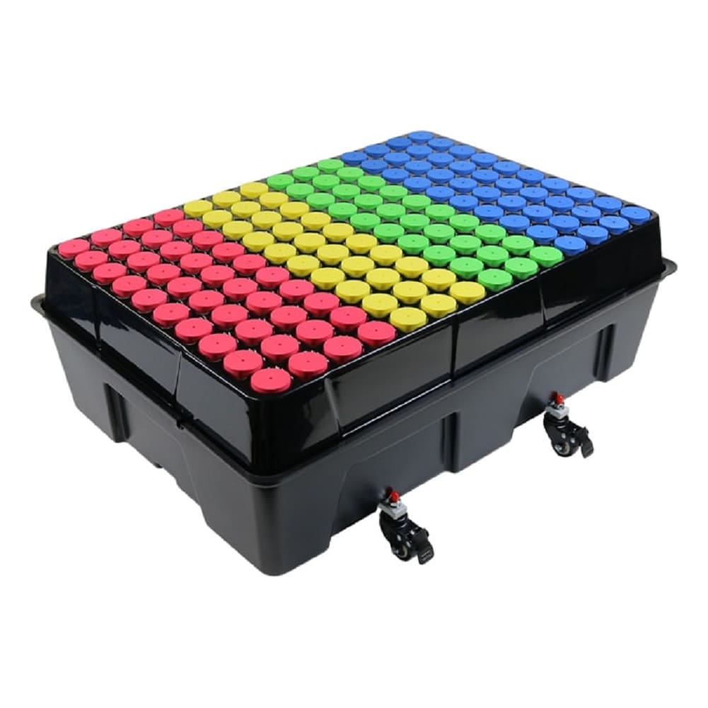 Colorful storage container with caps.