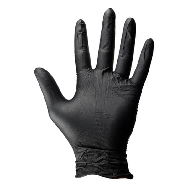 Black latex glove displayed with fingers spread.